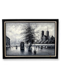Paris Notre-Dame street scene oil on canvas — front view on a clean white background — a rainy monochrome boulevard with Notre-Dame at right, in a black frame with a thin gold liner