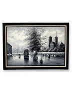Paris Notre-Dame street scene oil on canvas — front view on a clean white background — a rainy monochrome boulevard with Notre-Dame at right, in a black frame with a thin gold liner