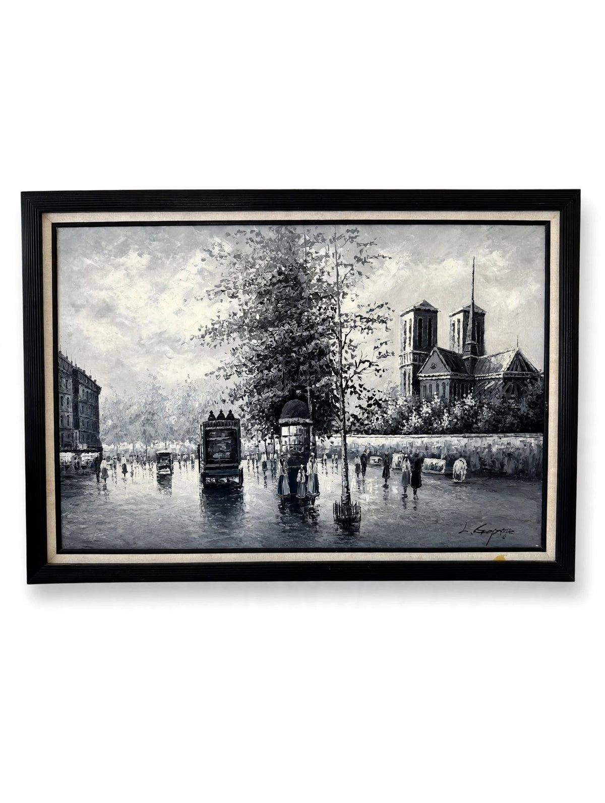 Paris Notre-Dame street scene oil on canvas — front view on a clean white background — a rainy monochrome boulevard with Notre-Dame at right, in a black frame with a thin gold liner