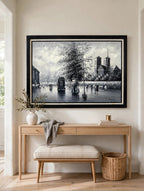 Styled lifestyle photo — the Paris Notre-Dame street scene oil hanging at true scale above a console table and cushioned bench in a bright entryway (styled display inspiration)