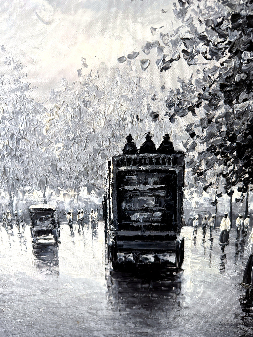 Detail — the horse-drawn omnibus, advertising kiosk and wet-street reflections at the center of the Paris Notre-Dame street scene