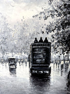 Detail — the horse-drawn omnibus, advertising kiosk and wet-street reflections at the center of the Paris Notre-Dame street scene