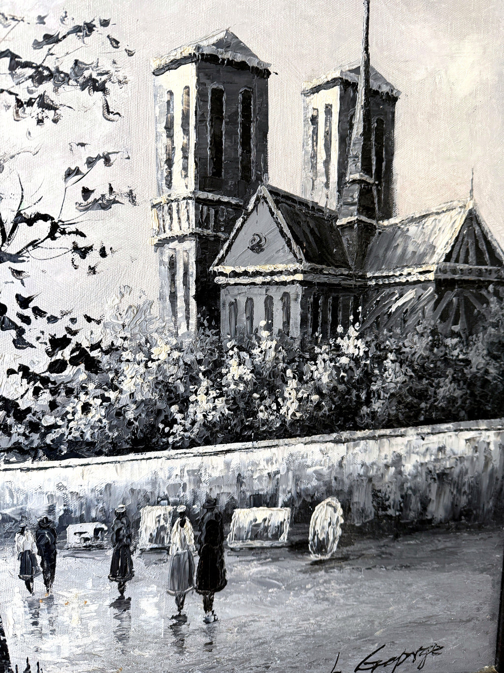 Detail — Notre-Dame's towers and the figures strolling the embankment in the Paris Notre-Dame street scene