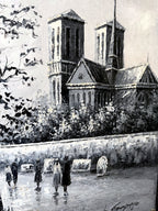 Detail — Notre-Dame's towers and the figures strolling the embankment in the Paris Notre-Dame street scene