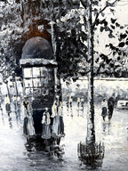 Detail — the advertising column, tree and strollers reflected in the wet pavement in the Paris Notre-Dame street scene