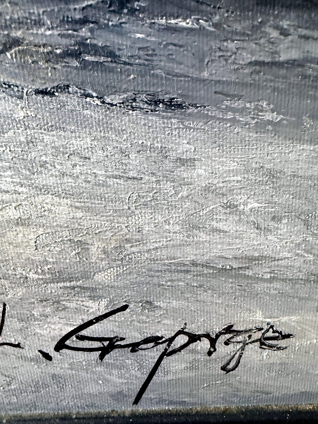 Detail — the artist's signature and the heavy impasto brushwork in the lower right of the Paris Notre-Dame street scene