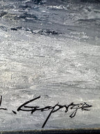 Detail — the artist's signature and the heavy impasto brushwork in the lower right of the Paris Notre-Dame street scene