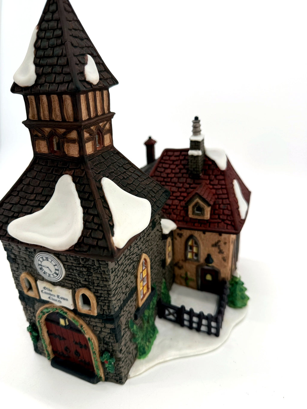 Department 56 Dickens' Village The Olde Camden Town Church 1996 #58346 – three-quarter front view with side wing, courtyard and fence
