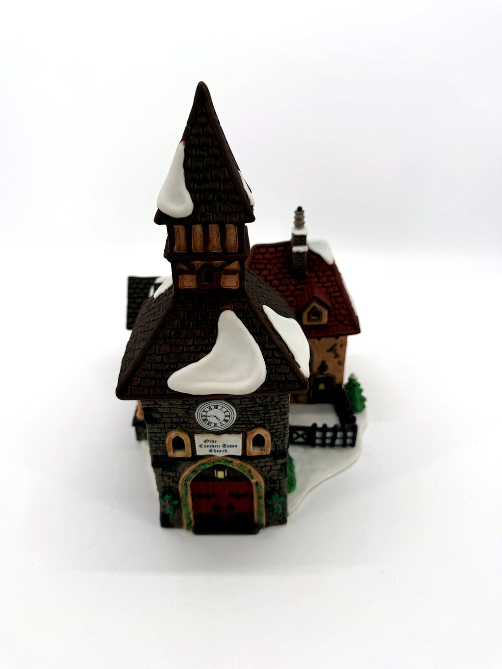 Department 56 Dickens' Village The Olde Camden Town Church 1996 #58346 – front view from above showing the snow-covered roofs