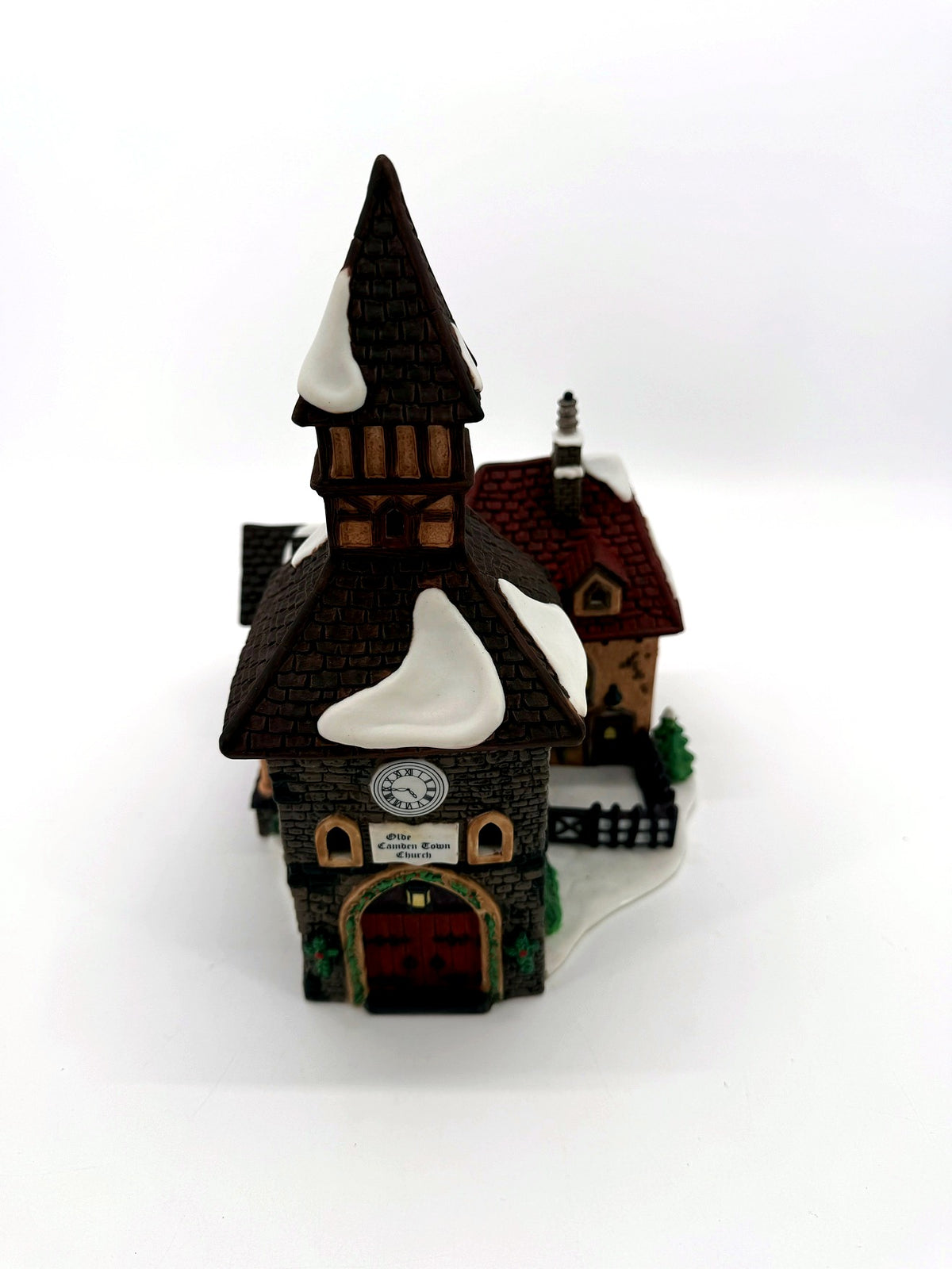 Department 56 Dickens' Village The Olde Camden Town Church 1996 #58346 – front view from above showing the snow-covered roofs