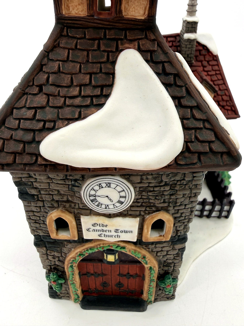 Department 56 Dickens' Village The Olde Camden Town Church 1996 #58346 – close-up of the clock, name plaque and front door
