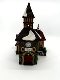 Department 56 Dickens' Village The Olde Camden Town Church 1996 #58346 – front view with clock tower, name plaque and garland-trimmed red door