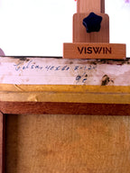 1985 signed oil on canvas pink flowering tree landscape, framed — the back top edge with its handwritten inscription on the canvas fold