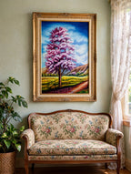Styled lifestyle photo — the pink flowering tree oil shown in a sunlit vintage parlor above a floral settee (display inspiration)