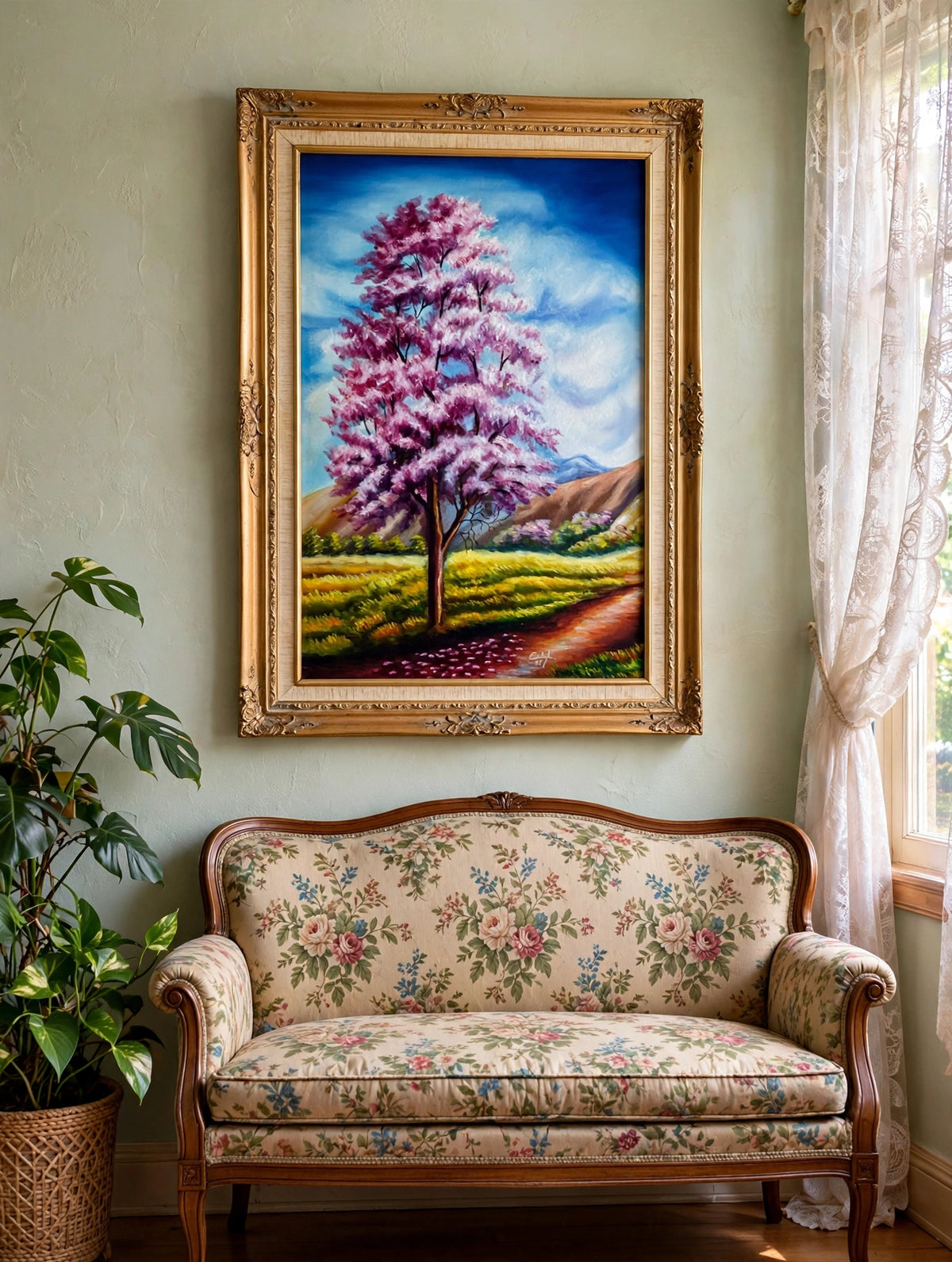 Styled lifestyle photo — the pink flowering tree oil shown in a sunlit vintage parlor above a floral settee (display inspiration)