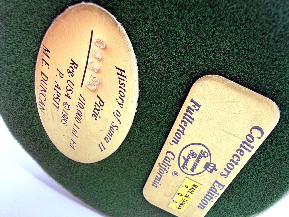 Underside plaques: Collectors Edition and History of Santa II Pixie, 06390 of 10,000 Ltd. Ed., copyright 1985 P. Apsit / M. E. Duncan, Made in Taiwan R.O.C. (enhanced)