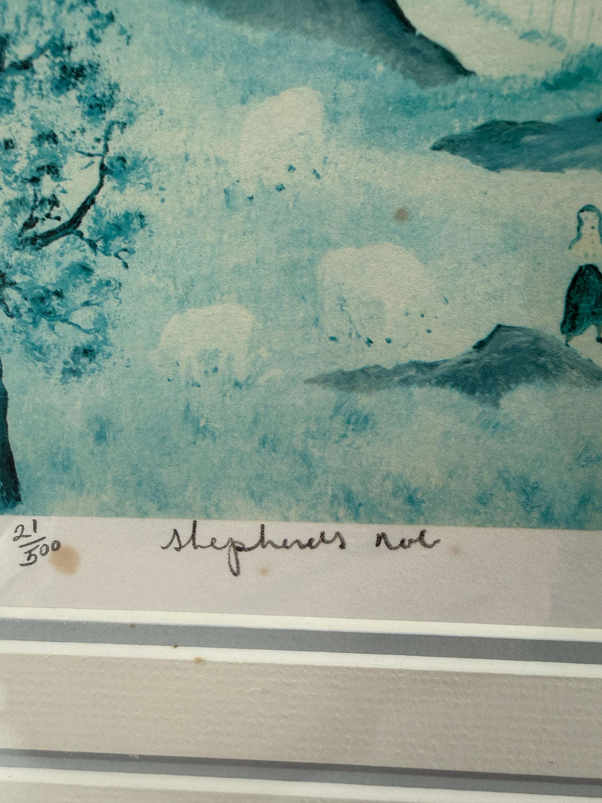 Close-up — edition number 21/500 and the hand-written title Shepherd's Nob; note the visible brown age spotting (foxing) on the paper beside the edition number