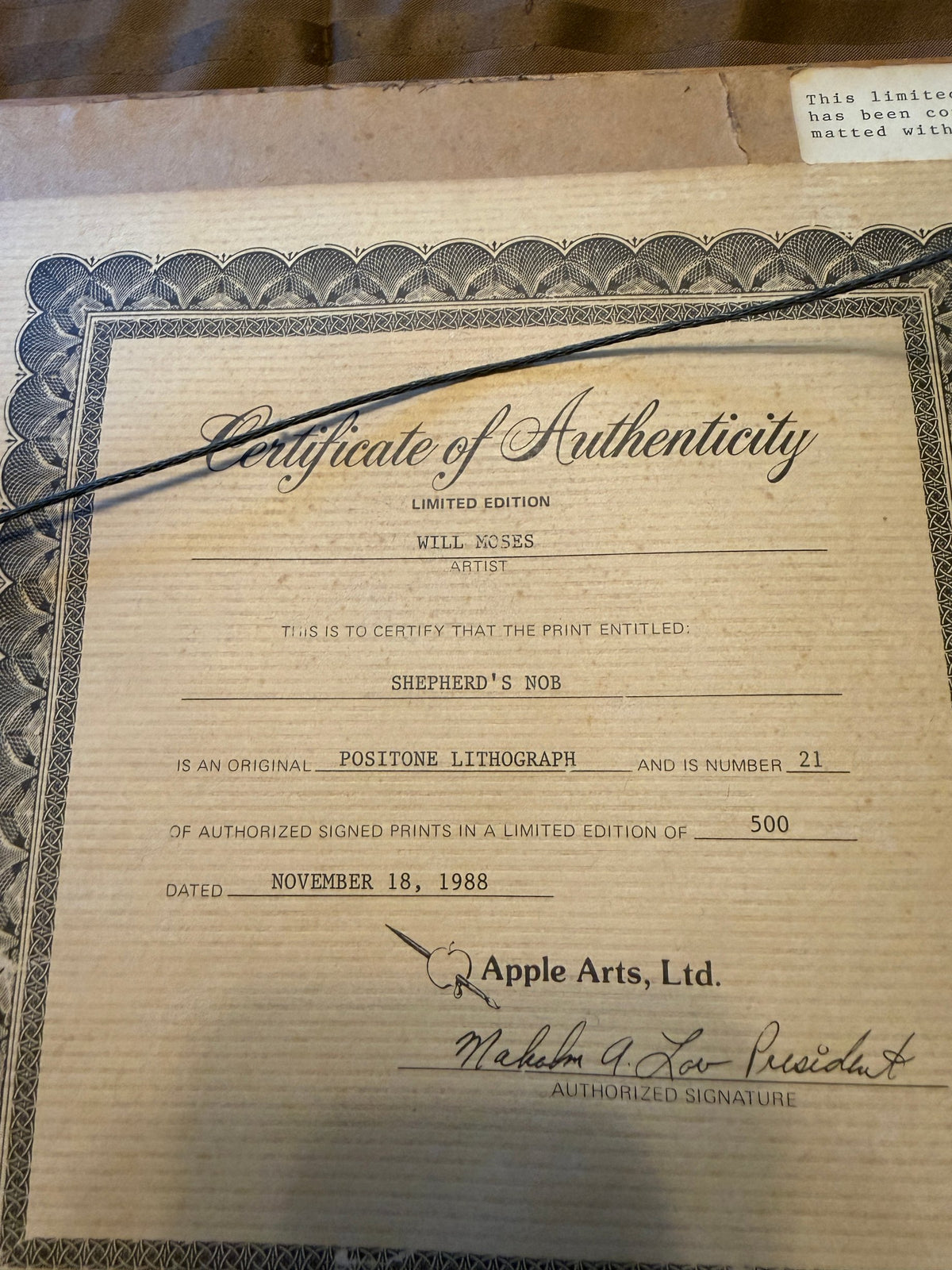 Reverse — Apple Arts, Ltd. Certificate of Authenticity for Shepherd's Nob, No. 21 of 500, dated November 18, 1988