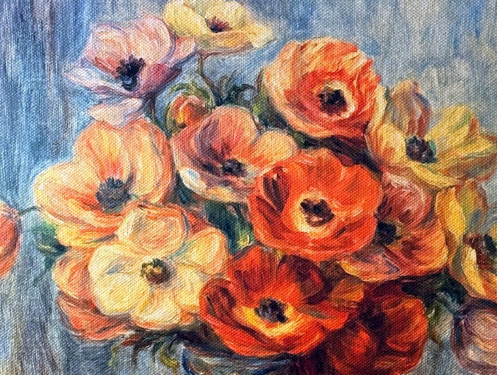 Detail close-up from the artwork — the red and orange anemone bouquet