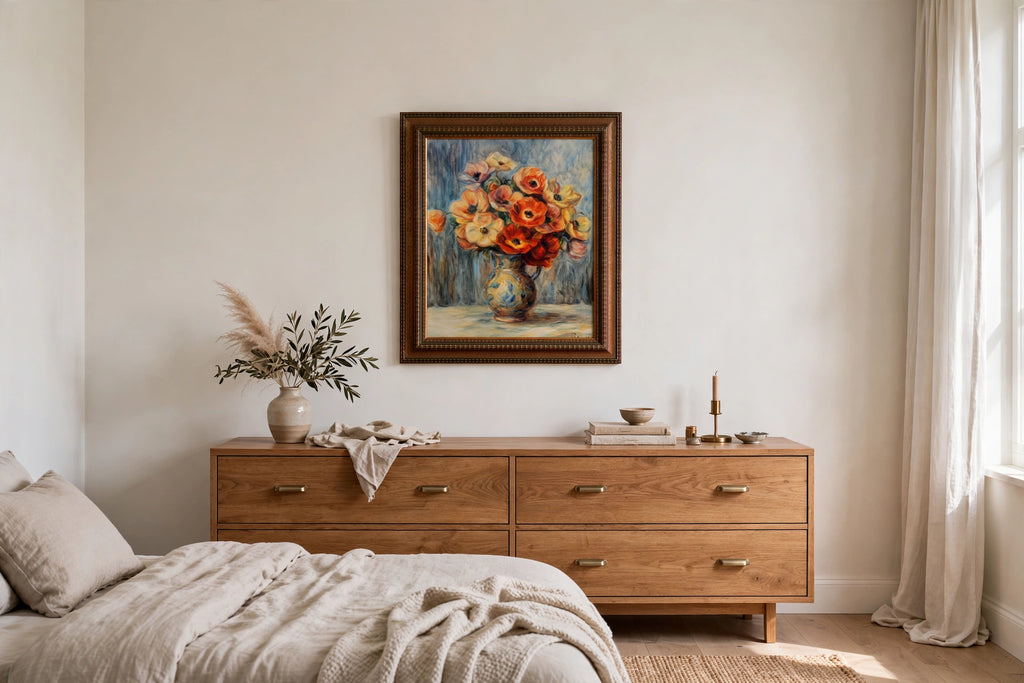 Styled lifestyle photo — the framed Renoir ‘Vase d’Anémones’ reproduction (25 × 30 in) above a wooden dresser in a serene bedroom (display inspiration)