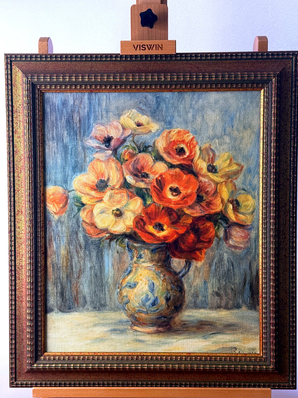 Paragon Picture Gallery Renoir Vase d'Anemones framed reproduction — front view on an easel, closer crop