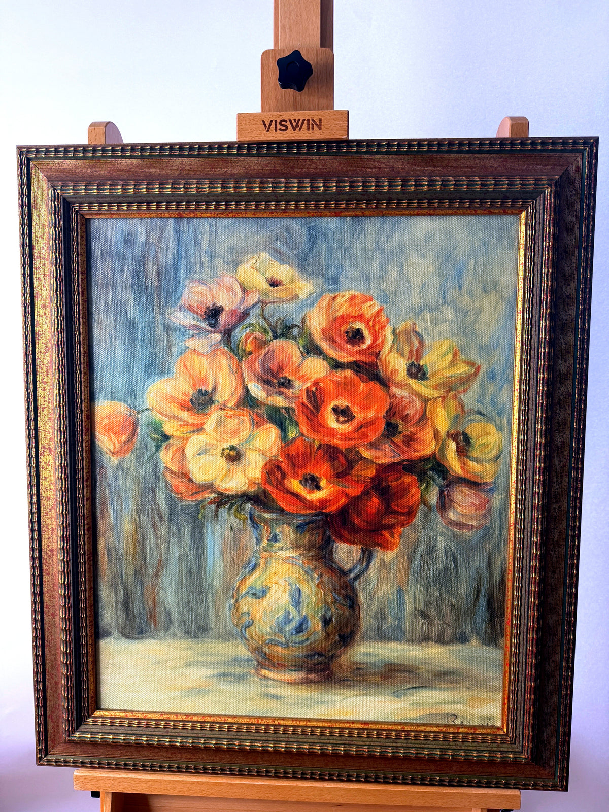 Paragon Picture Gallery Renoir Vase d'Anemones framed reproduction — front view on an easel, straight on