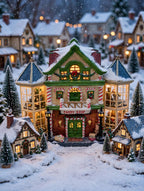 Styled display inspiration: the Child's Wonder Candy Shop in a snowy Christmas village street with other lighted miniature houses and bottle-brush trees