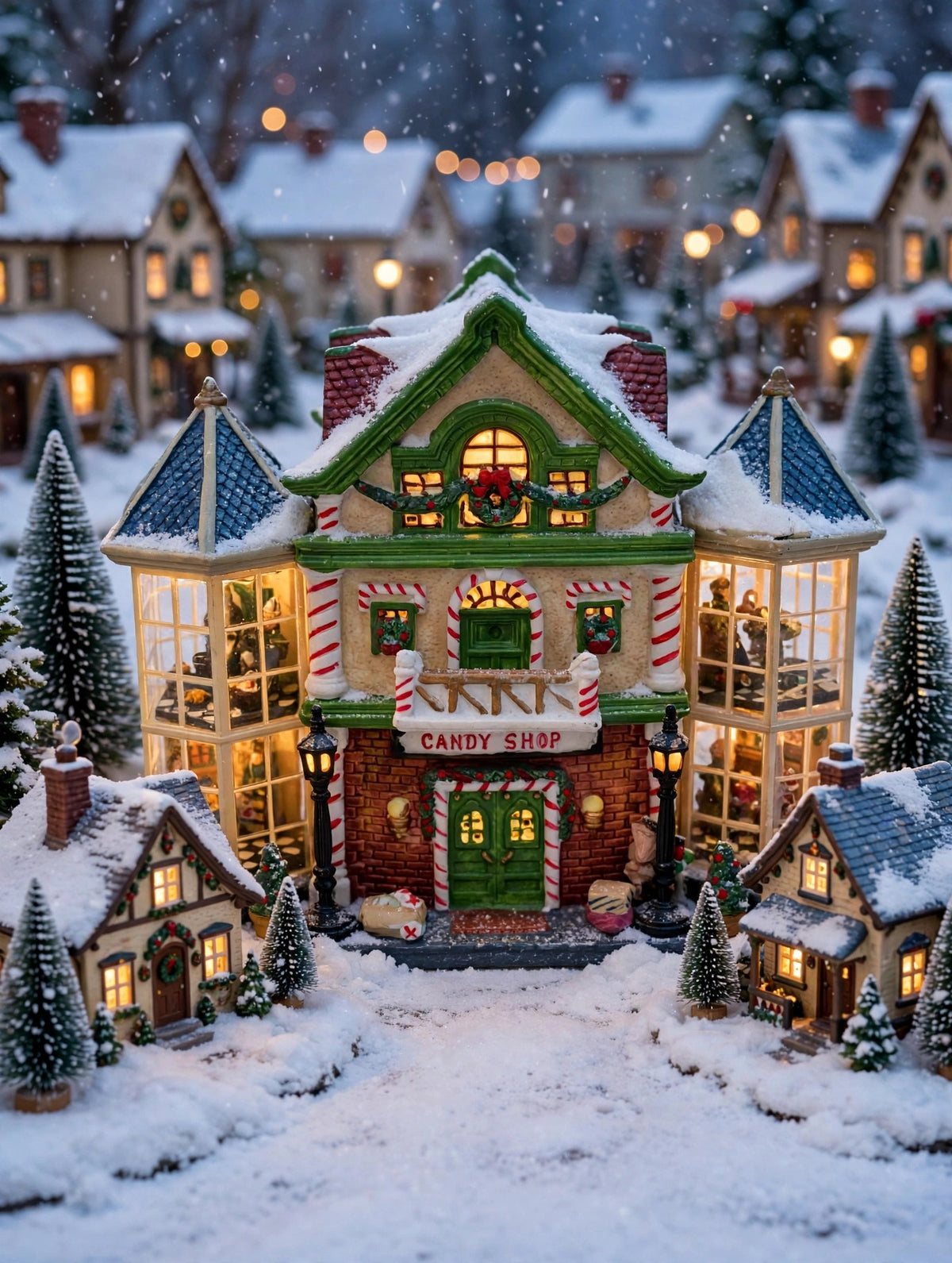 Styled display inspiration: the Child's Wonder Candy Shop in a snowy Christmas village street with other lighted miniature houses and bottle-brush trees