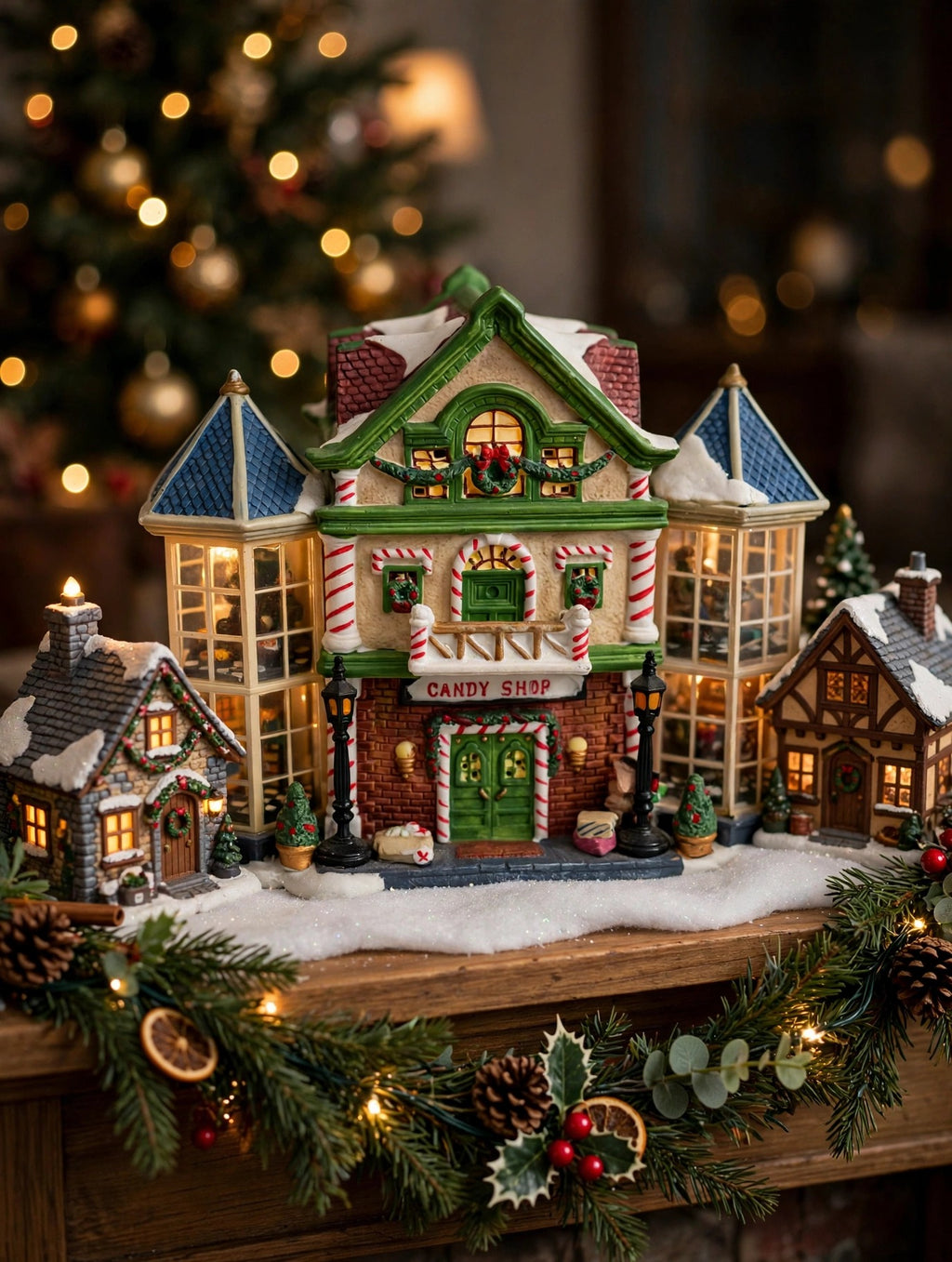 Styled display inspiration: the Child's Wonder Candy Shop as the centerpiece of a Christmas mantel village display with garland and smaller village houses