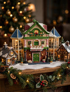 Styled display inspiration: the Child's Wonder Candy Shop as the centerpiece of a Christmas mantel village display with garland and smaller village houses