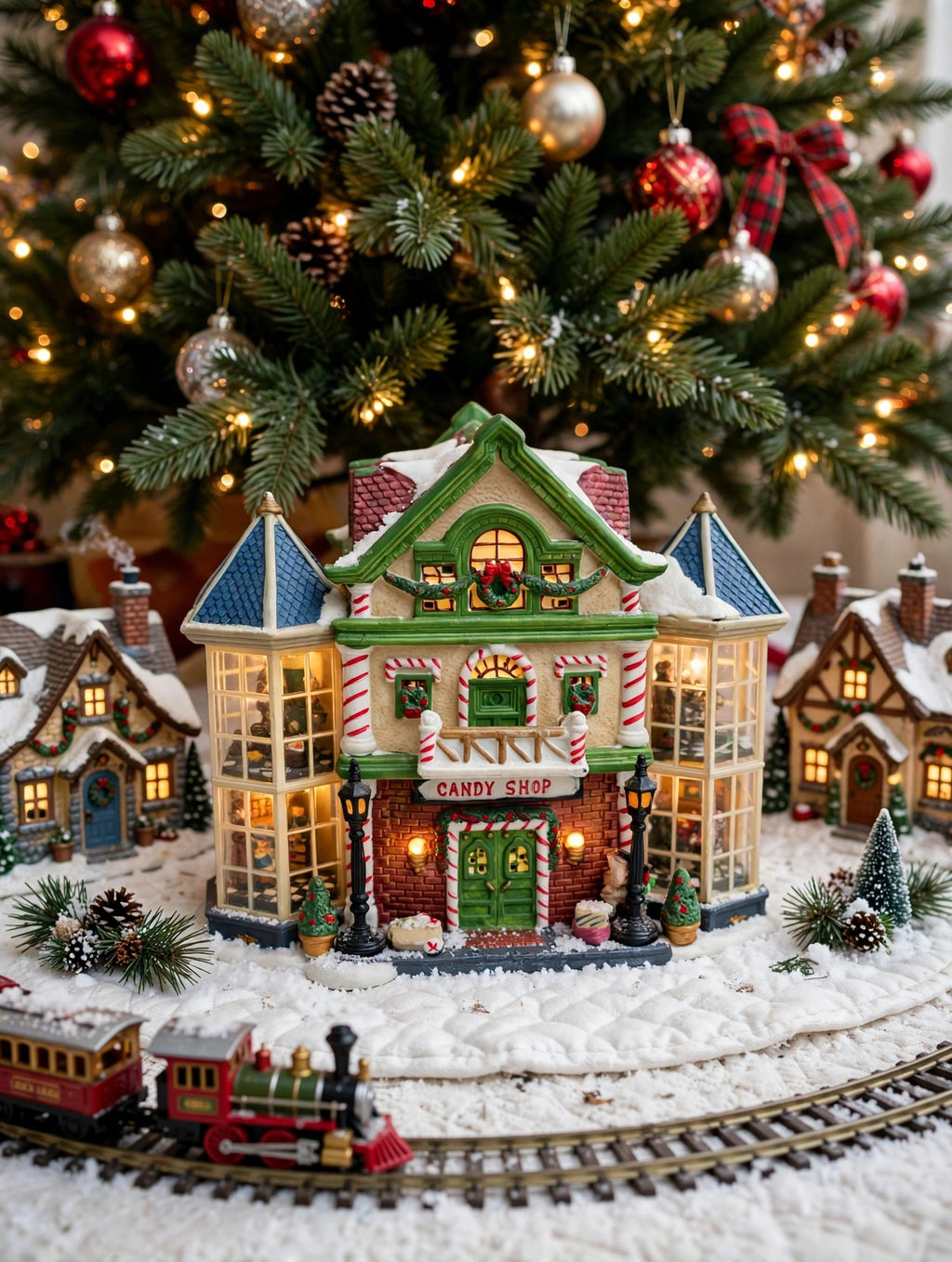 Styled display inspiration: the Child's Wonder Candy Shop in a Christmas village at the base of a decorated tree, with a miniature train passing in front