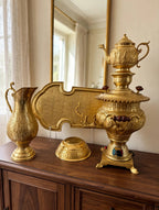 Samovar collection styled on a walnut dining room sideboard (display inspiration)