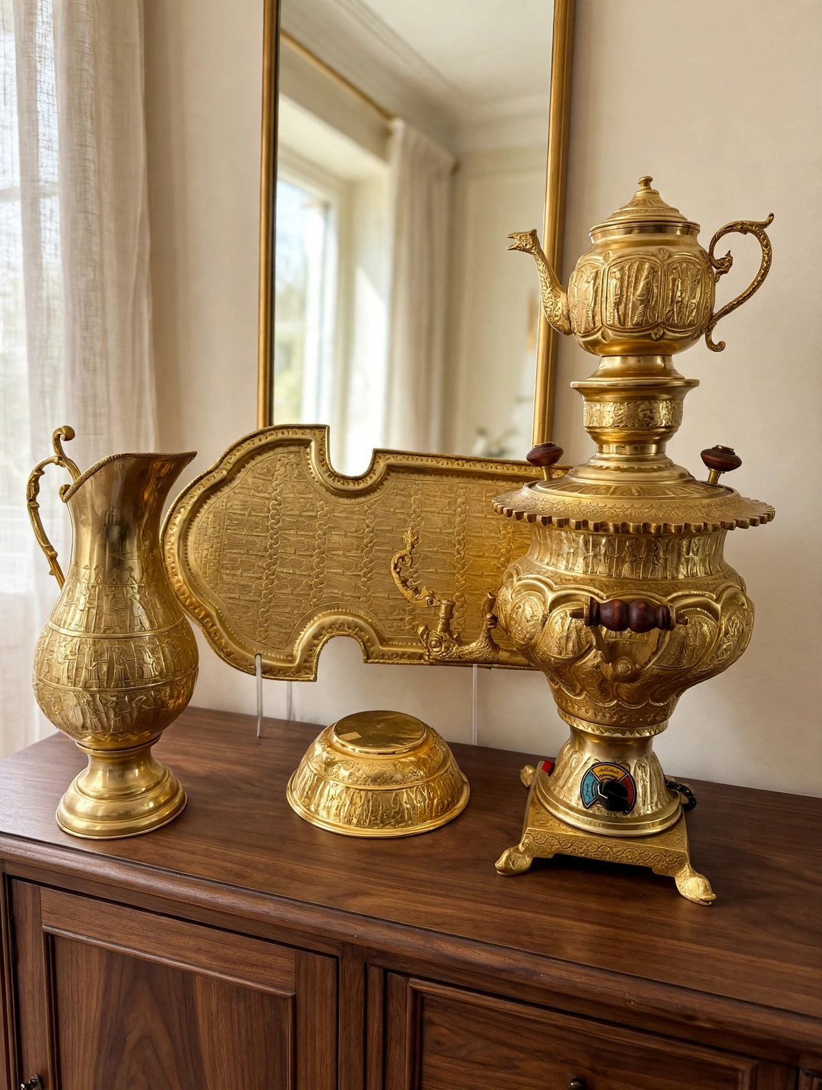 Samovar collection styled on a walnut dining room sideboard (display inspiration)