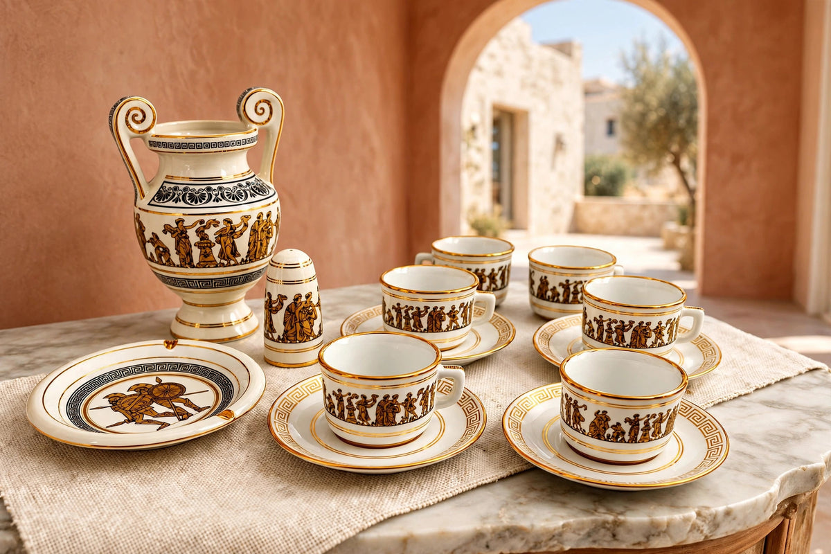 Styled lifestyle photo — the Greek gold coffee set on a marble console table in a bright Mediterranean-style room with terracotta walls (display inspiration)
