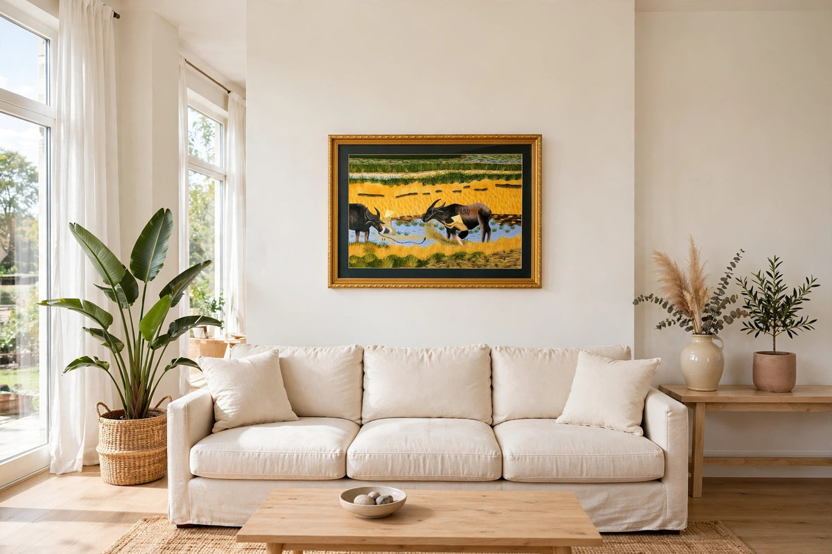 Styled lifestyle photo — the framed Vietnamese embroidery above a cream sofa in a bright living room (display inspiration)