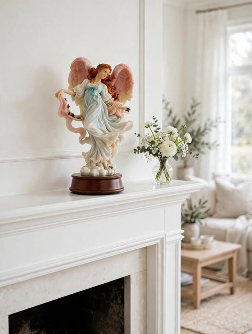 Styled lifestyle photo — the Seraphim "Ariel" angel music box on a white fireplace mantel in a bright living room (display inspiration)