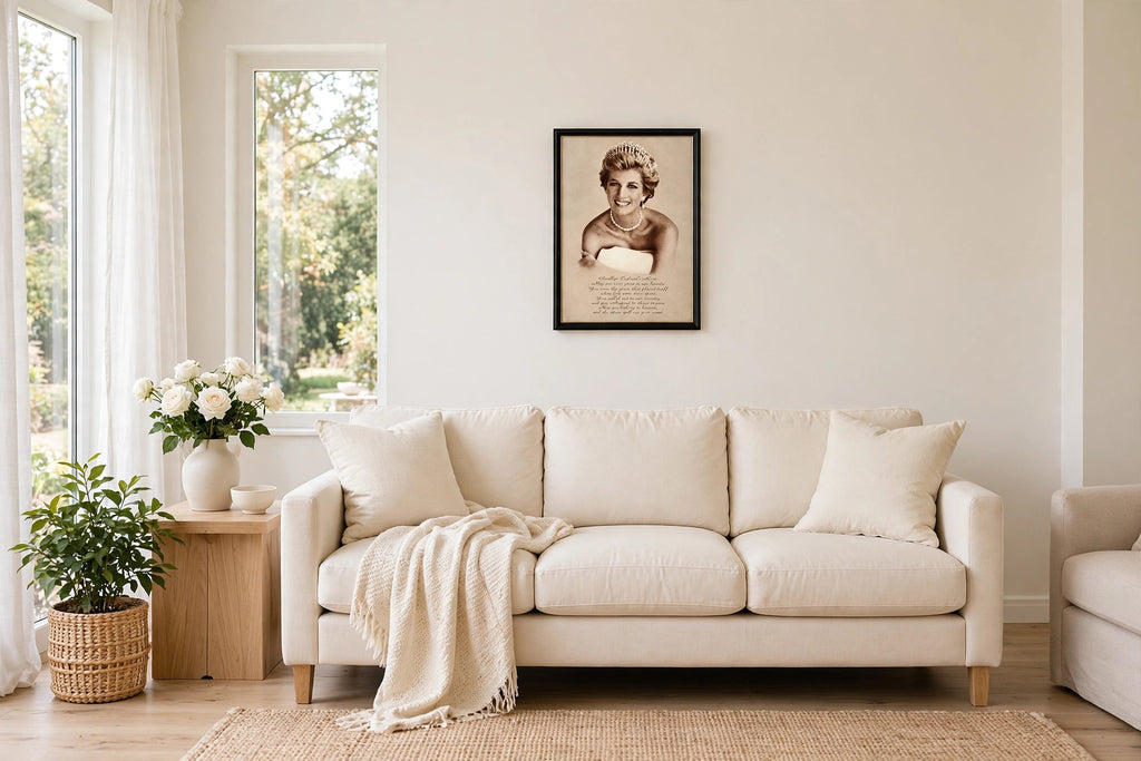 Styled lifestyle photo — the framed Princess Diana memorial print above a cream sofa in a bright living room (display inspiration)