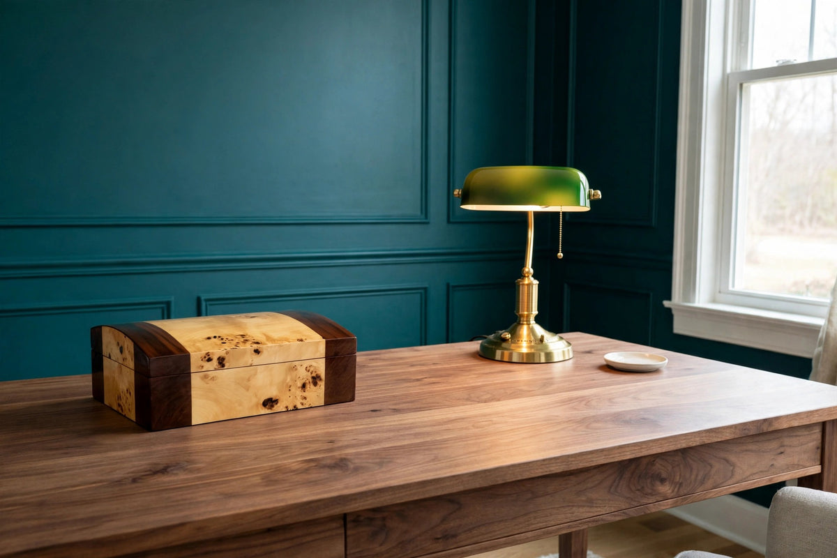 Styled lifestyle photo — the burl wood cigar humidor on a walnut desk in a bright study with deep teal walls (display inspiration)