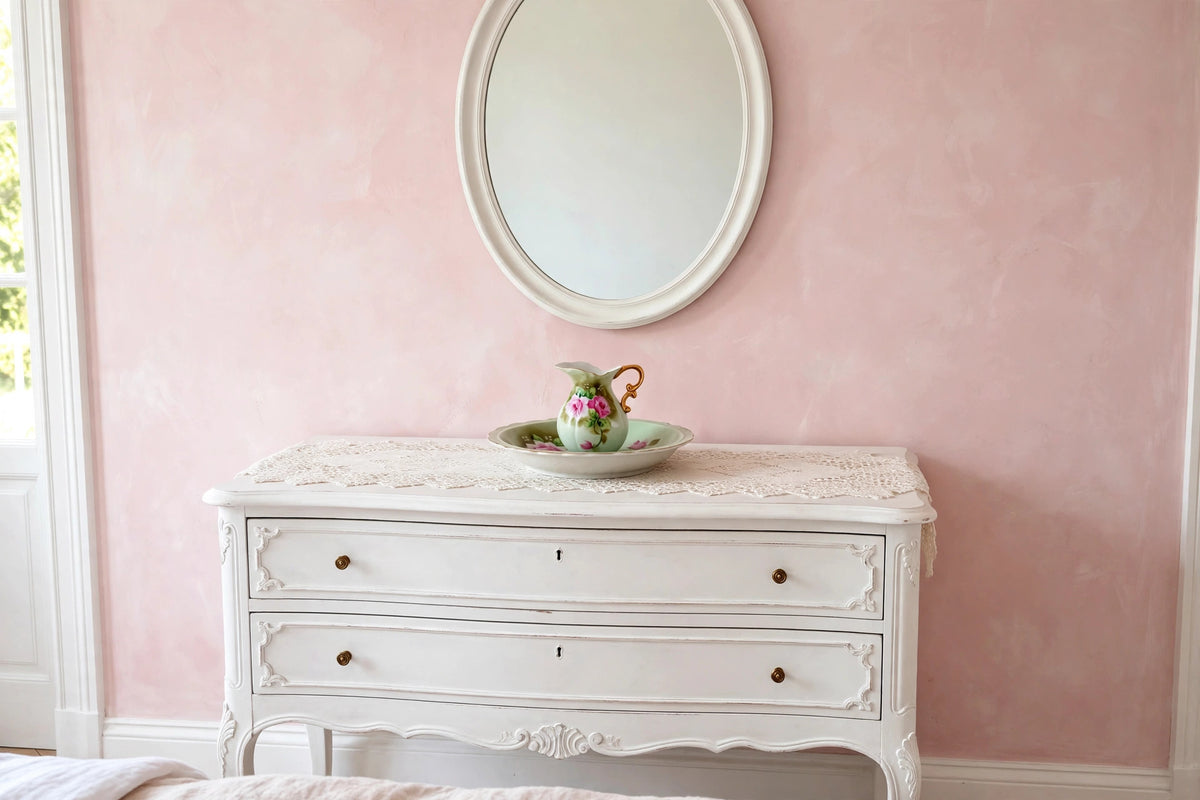 Styled lifestyle photo — the Lefton miniature pitcher and basin set on a white vanity dresser in a bright bedroom with blush walls (display inspiration)