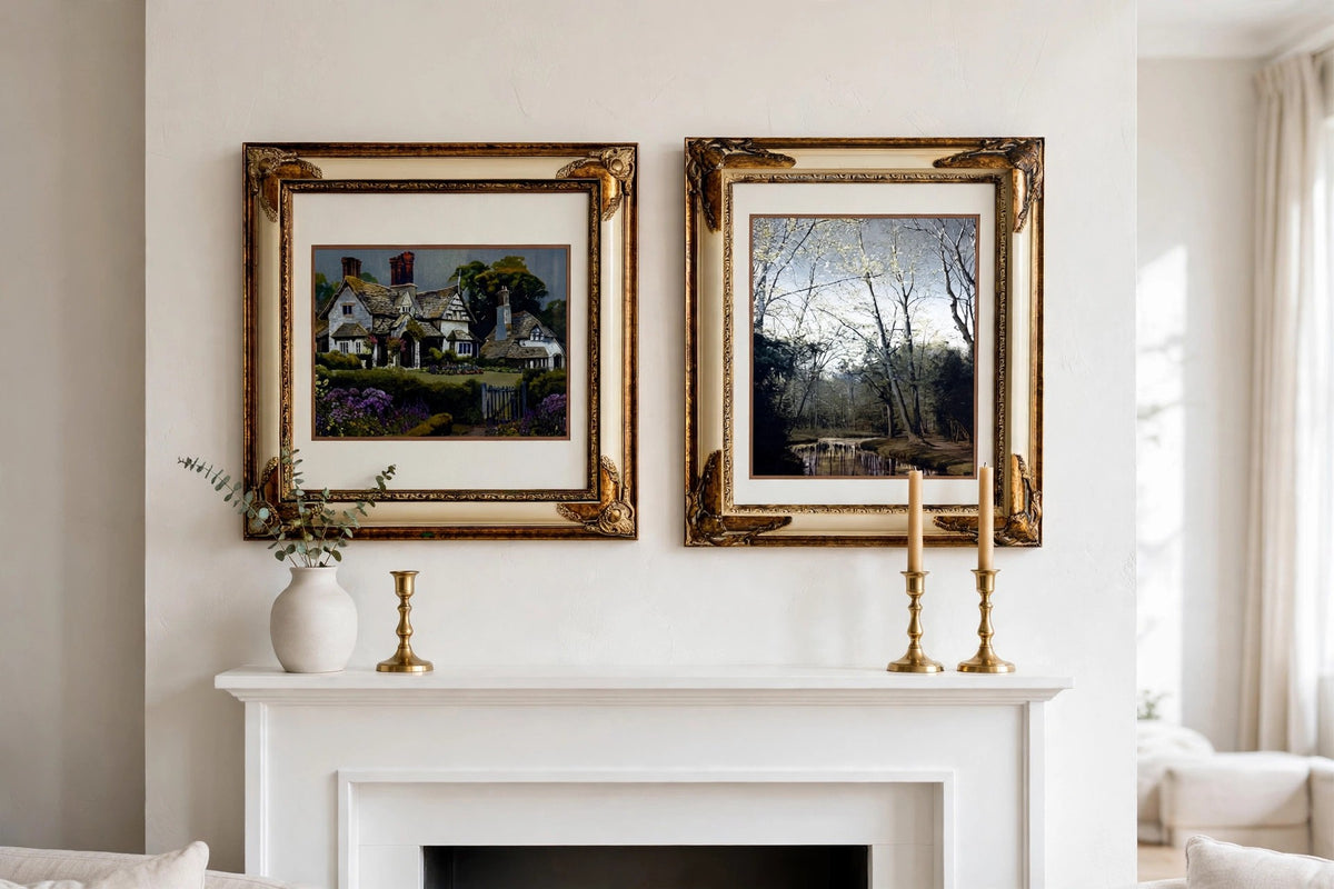 Styled lifestyle photo — the framed Manifestations pair above a white fireplace mantel in a bright living room (display inspiration)