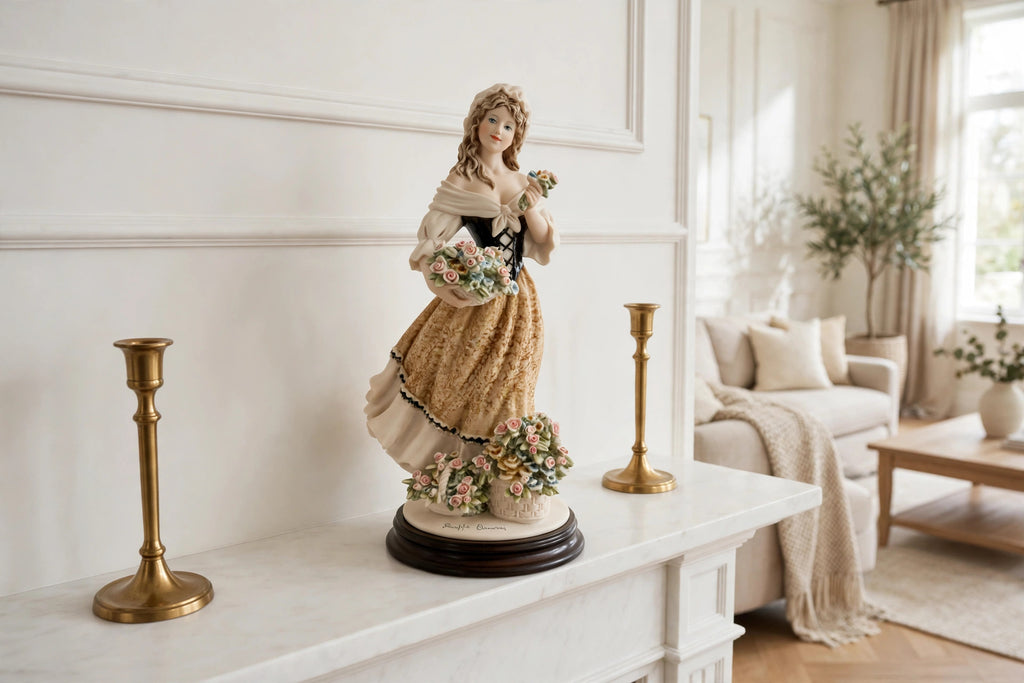 Styled lifestyle photo — the Armani "Roses of May" figurine on a white fireplace mantel with brass candlesticks in a bright living room (display inspiration)