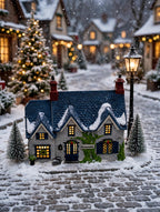 Styled lifestyle photo — Brownlow House on a snowy Christmas village street with lamppost and trees (display inspiration)