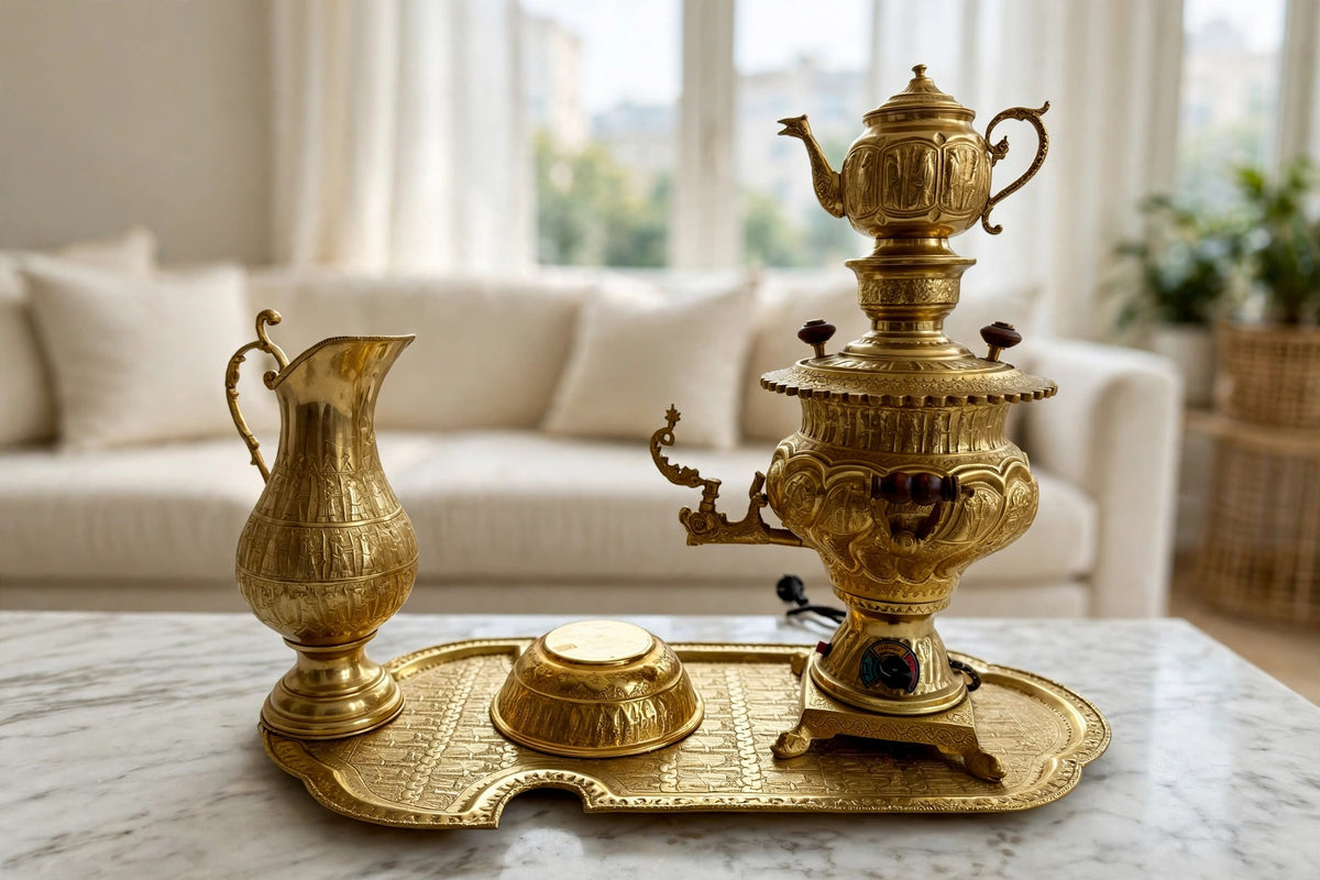 Samovar collection styled on a marble-top credenza in a bright living room (display inspiration)