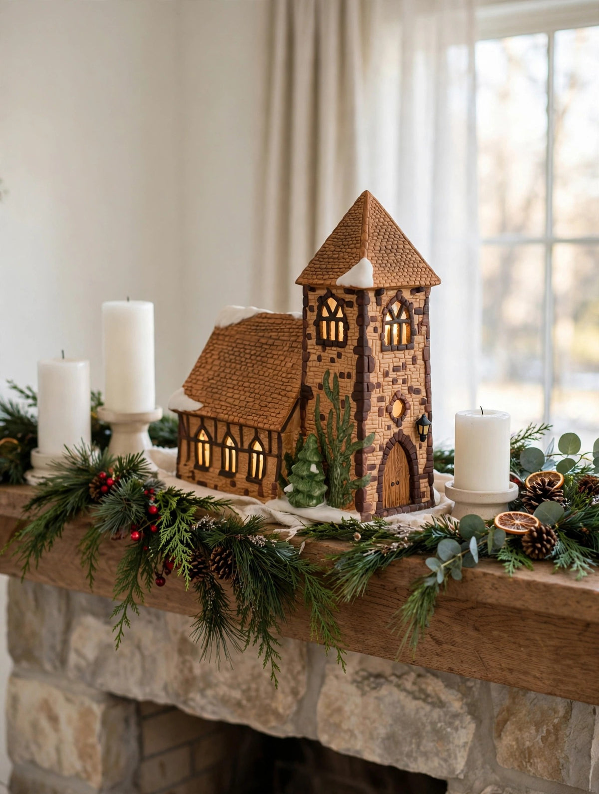 Department 56 Dickens' Village Church on a fireplace mantel with garland and pillar candles – styled display inspiration