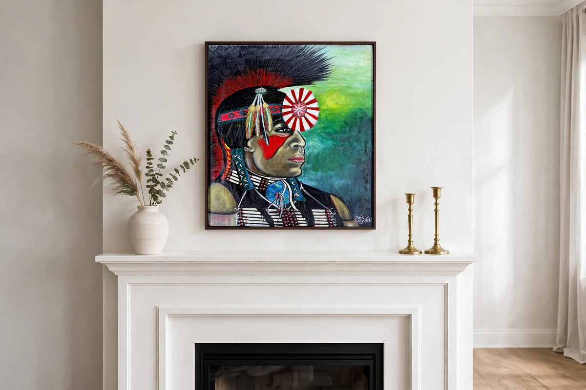 Styled lifestyle photo — the framed Langenfeld portrait above a white fireplace mantel in a bright living room (display inspiration)