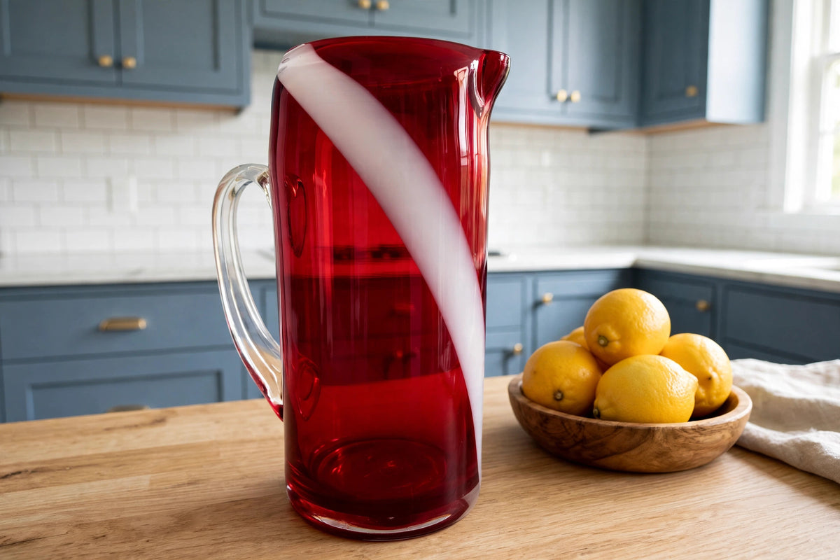 Styled lifestyle photo — the ruby swirl glass pitcher on an oak kitchen counter in a bright farmhouse kitchen with dusty blue cabinets (display inspiration)