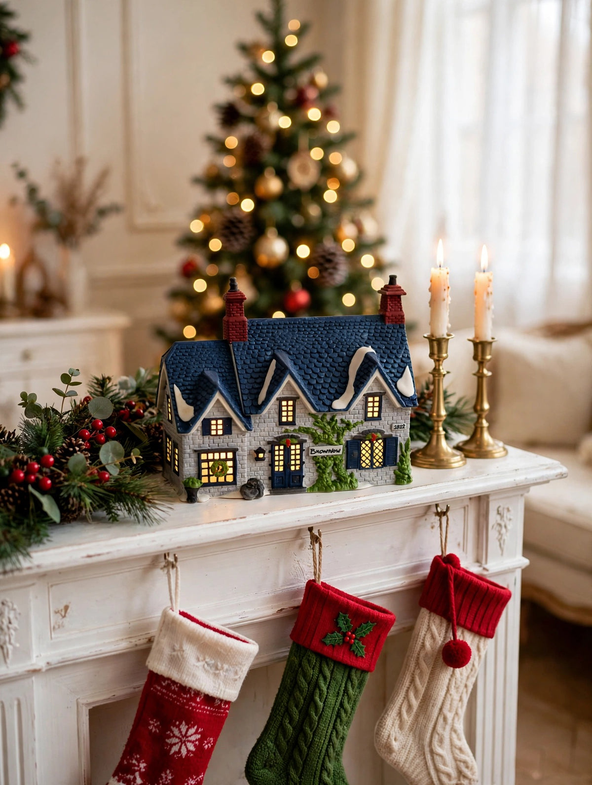 Styled lifestyle photo — Brownlow House on a fireplace mantel with garland, candles and stockings (display inspiration)