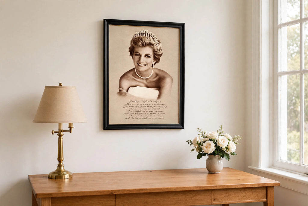 Styled lifestyle photo — the framed Princess Diana memorial print above a wooden writing desk in a bright study corner (display inspiration)