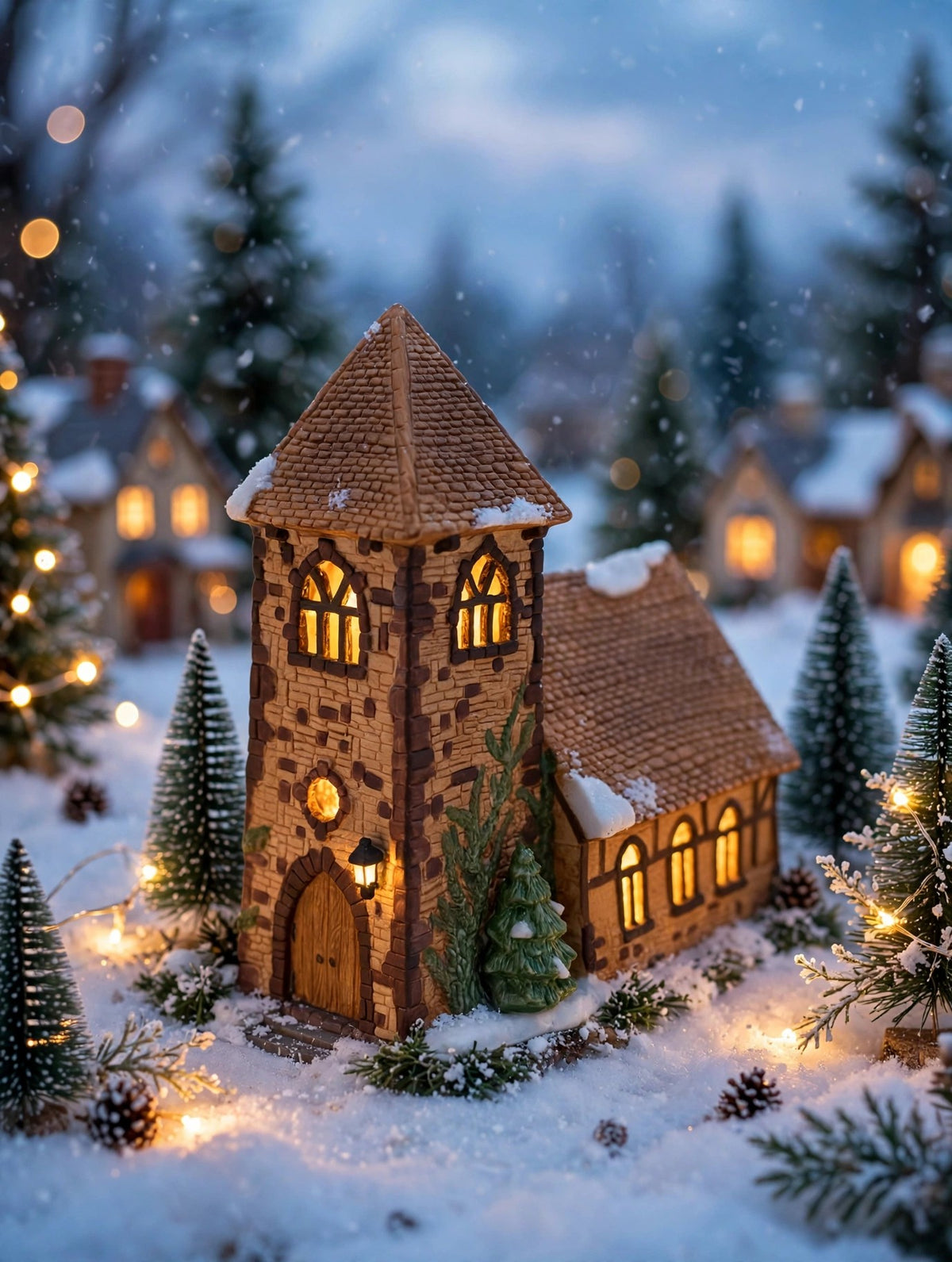 Department 56 Dickens' Village Church lit at dusk in a snowy village display with bottle-brush trees – styled display inspiration