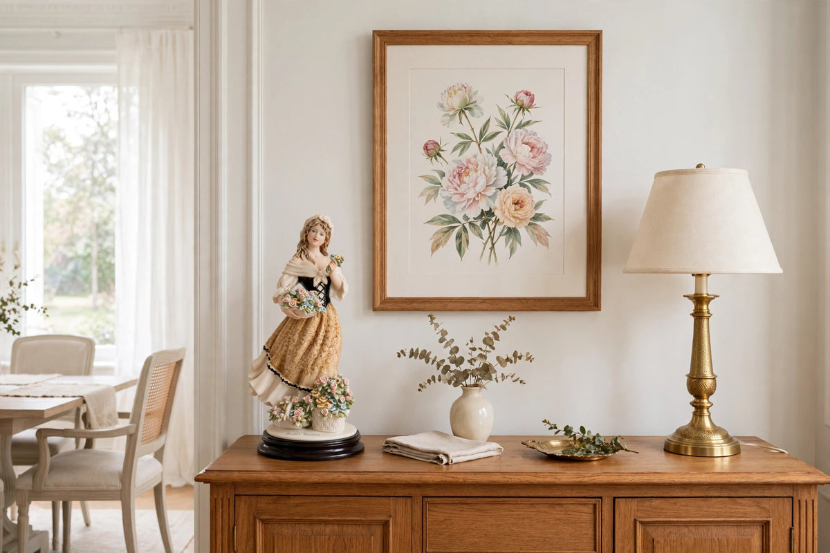 Styled lifestyle photo — the Armani "Roses of May" figurine on a wood sideboard beneath a framed floral print in a bright dining room (display inspiration)